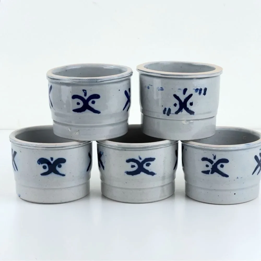 Salt Glaze Pottery Dish Boho Blue Glaze Handmade Vintage Ceramic Bowl Set Of 5 - Picture 2 of 7
